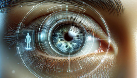 Close-up of a human eye, with virtual hologram elements surrounding the iris. These elements symbolize the advanced digital ID verification process, demonstrating futuristic technology in action.の素材