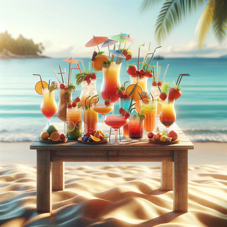 An image of several bright, colorful cocktails carefully arranged on a wooden table. Each cocktail is decorated with an intricate arrangement of straws, fruits and mini umbrellas, showing a variety of colors and textures.の素材