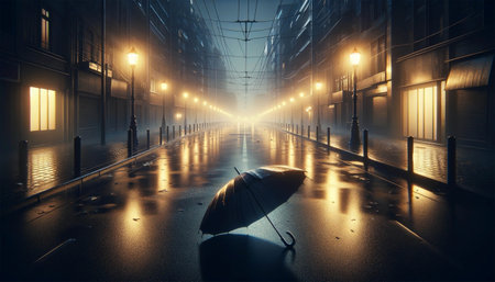 Close-up of an empty, rain-wet street at dusk. Street lights cast long shadows and a lone, abandoned umbrella lies on the ground, evoking a deep sense of loneliness and abandonment.の素材