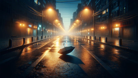Close-up of an empty, rain-wet street at dusk. Street lights cast long shadows and a lone, abandoned umbrella lies on the ground, evoking a deep sense of loneliness and abandonment.の素材