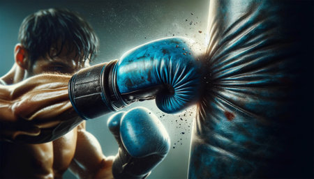 Image showing a close-up of a boxer's hand, wearing a boxing glove, delivering a powerful punch to a leather punching bag. The moment of impact is frozen, allowing the intensity and energy to be conveyed.の素材