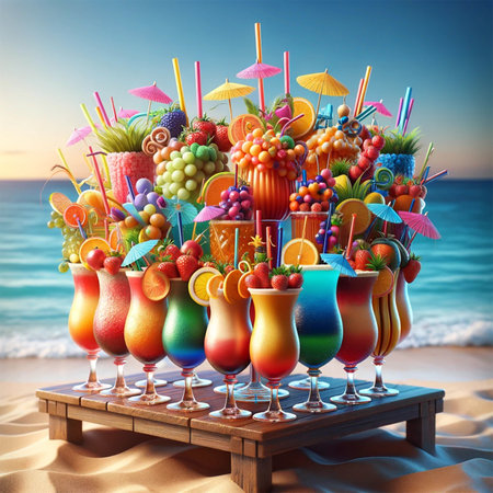 An image of several bright, colorful cocktails carefully arranged on a wooden table. Each cocktail is decorated with an intricate arrangement of straws, fruits and mini umbrellas, showing a variety of colors and textures.の素材