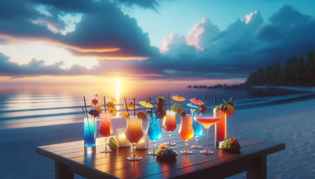 Landscape, collections of bright cocktails, each of which has its own special appearance, standing on a table right on the beach. Cocktails with decorative straws, fruit garnishes and small umbrellas in the soft sunset light.の素材