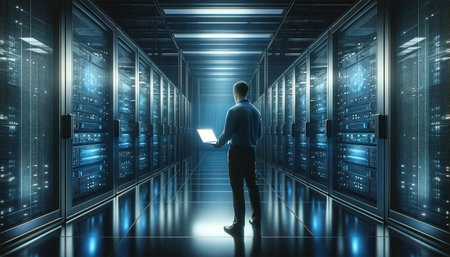 A man, alone in a server room, bathed in the blue light of advanced technological devices. His attention is drawn to the laptop screen, a beacon in the darkened room. Glass walls reflect the lights of the cars, creating a dynamic backdrop of metal and technology.の素材