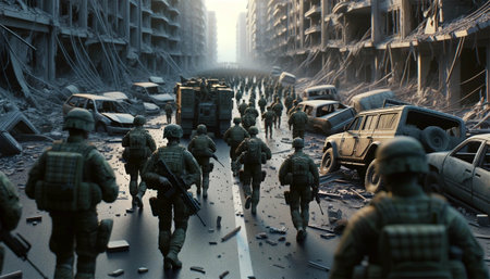 A soldier in modern military equipment carefully moves along a street littered with rubble in a destroyed city. Buildings on both sides of the street lie in ruins, with broken windows.の素材