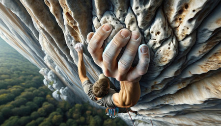 A rock climber performs a dynamic movement to grasp a difficult rock ledge. The climber's muscles are tense, emphasizing the physical effort required.の素材