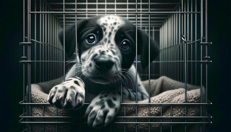 Close-up of a small puppy with tears in his eyes, looking straight at the camera with a sad expression on his face. Puppy in a metal cage at an animal shelter.の素材