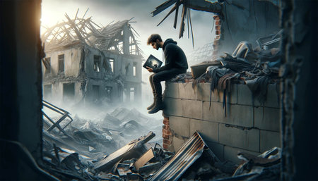 The summer moment of a man sitting on the ruins of what used to be his home. Debris is scattered around it, with broken pieces of wood, broken glass and remains of furniture visible.の素材