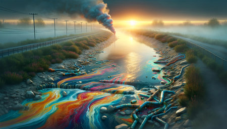 A picture of chemical waste flowing from many small outlets along the river bank. The waste merges with the river, creating a colorful sparkle on the water.の素材