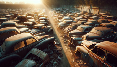 A close-up view of one rusty antique car among many in a junkyard. It's a cloudy day, and the diffuse light highlights the car's faded color and rusty edges, broken windows and partially collapsed roof. .の素材