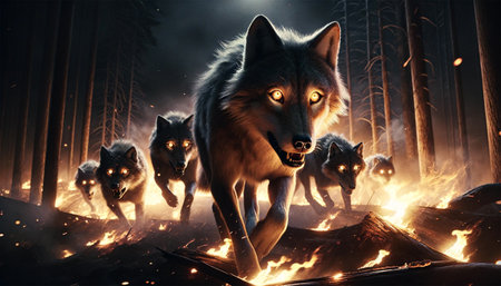 A pack of wolves running away from a forest fire at night. Their glowing eyes, intense expressions and firelight illuminating their fur against the backdrop of a dark, smoky forest. Wild animals fleeing a fire.の素材