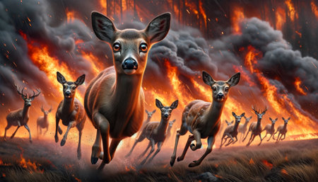 Close-up of a flock of deer fleeing a forest fire in the forest. Wild animals fleeing a fire.の素材