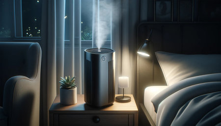 Portable air purifier on the bedside table in a dimly lit bedroom. The purifier has a modern design; a gentle stream of clean air is visible coming from above.の素材