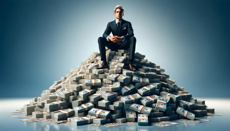 Confident billionaire sitting on a huge pile of various banknotes. Wealth and prosperity concept.の素材