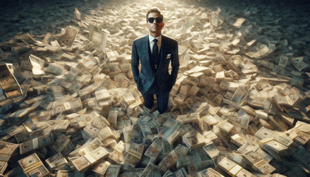 Confident billionaire sitting on a huge pile of various banknotes. Wealth and prosperity concept.の素材