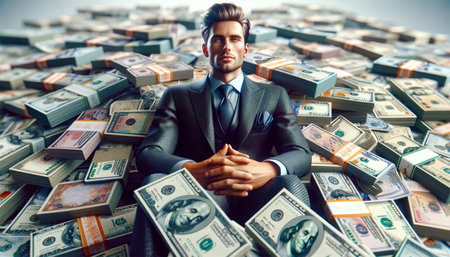 Confident billionaire sitting on a huge pile of various banknotes. Wealth and prosperity concept.の素材