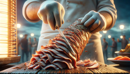 Close-up image of a doner chef in a modern, well-lit food showroom cutting a piece from a large, delicious doner kebab. Cooking with modern equipment.の素材
