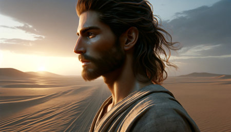 A believer walking along the road. This portrait captures him in motion against the backdrop of a road that stretches to the horizon.の素材