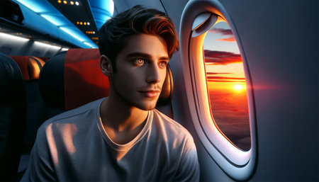 A man is sitting on an airplane. He looks out the window next to him, a look of awe on his face as he watches the sunset. The light from the setting sun illuminates half of his face, creating a warm glow.の素材