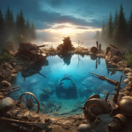 A crystal clear pool of water surrounded by the remains of military equipment and artifacts from different cultures and time periods, half buried in the ground around the pool. Artifacts around the pool range from rusty swords and shields to parts of modern vehicles.の素材