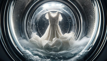 Through the transparent door of the washing machine, the process of washing clothes is visible. This scene captures the moment when water and foam flow over the surface of the fabric, emphasizing the movement and soothing, rhythmic sound of splashing water.の素材