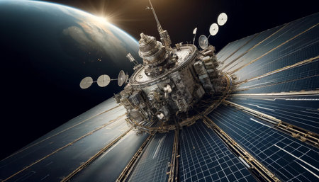 A telecommunications satellite in orbit, showcasing elegant design and advanced technology. Against the backdrop of the deep blackness of space and the Earth.の素材