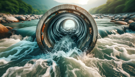 A large pipe is in the middle of a river. The water is rushing through the pipe, creating a powerful and dynamic scene. Concept of movement and energy, as well as the power of natureの素材