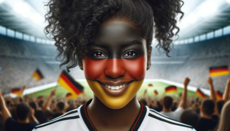 A woman with a German flag painted on her face is smiling in front of a crowd. Concept of excitement and unity, as the woman is a part of a larger group of people who are also celebratingの素材