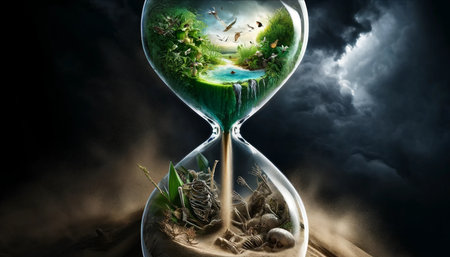 A glass hourglass with a forest and a body of water inside. Concept of time passingの素材