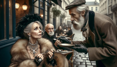 A woman in a fur coat is sitting at a table with a man in a hat. The man is holding a plate of food and is about to serve it to the womanの素材