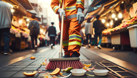 Detailed close-up of a street cleaner sweeping a street in a small town. Janitor, paved street, collecting dirt and leaves.の素材