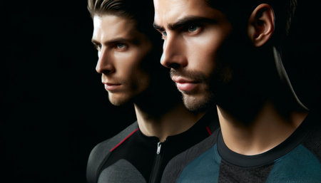 Two men with dark hair and beards are standing next to each other. One of them is wearing a black shirt with a zipper. The image has a moody and mysterious feel to itの素材