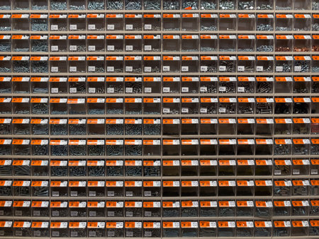 Germany Berlin May 27, 2024 A row of bins with many different sizes of screws. The bins are all...