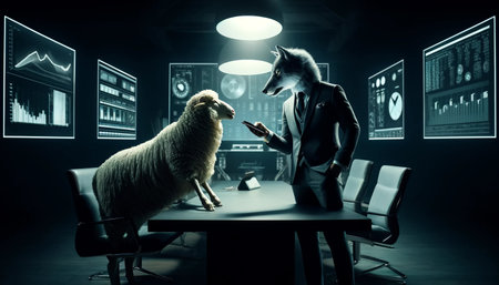 A tense moment in a dark office where a sheep in a suit transfers digital currency on a smartphone to a wolf in a fashionable modern suit. The sharp gaze of the wolf and the wary gaze of the sheep enhance the scene, set against the backdrop of a high-tech, minimalist office.の素材
