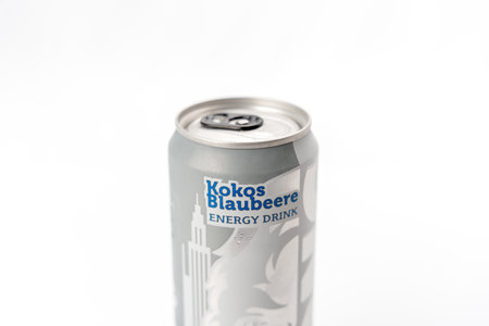 A can of energy drink with a blue label