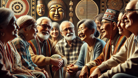 A group of older people are sitting together and smiling. Scene is happy and friendlyの素材