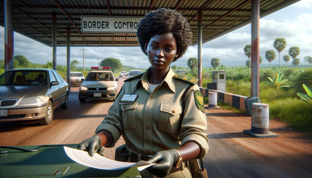 A woman in a uniform stands at a border control checkpoint. She is looking at a piece of paperの素材
