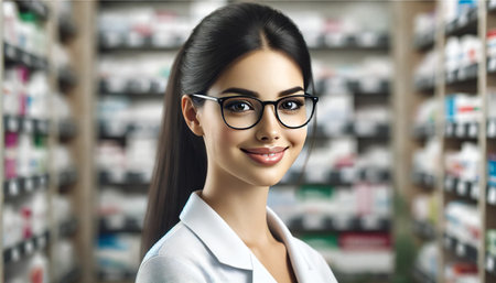 A woman wearing glasses is smiling in front of a pharmacy. She is wearing a white lab coat and she is a pharmacistの素材