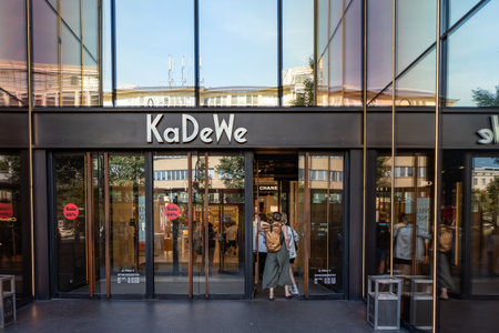 Germany Berlin August 7, 2024. A sign with the name of the KaDeWe store above the entrance to the building. A supermarket sign.のeditorial素材