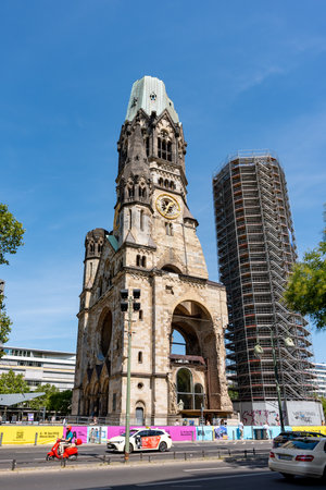 Germany Berlin August 7, 2024. The Berlin landmark is located in the Zoological Garden area near the Kaiser Wilhelm Memorial Church. The church is close-up.のeditorial素材