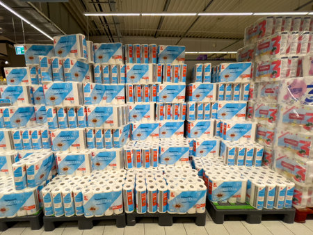 Stack of paper towels in a supermarket. Paper towels in a store.のeditorial素材