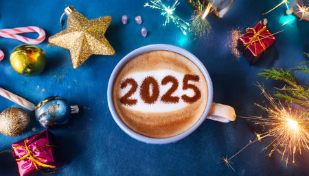 A cup of coffee with the number 2025 written on it. The image is set on a blue table with Christmas decorations including a star, a box and a bunch of candy canes.の素材