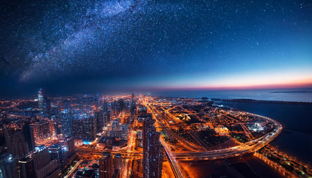 A city skyline at night with a large starry sky above it. The city is lit up with lights and the stars are shining brightly. Scene is peaceful and serene, as the city and the stars coexist in harmonyの素材