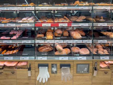 Germany Berlin August 17, 2024. A bakery with a sign that says Please wear gloves. The bakery is...