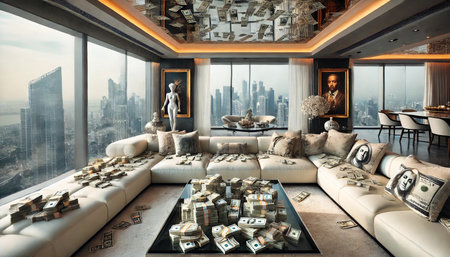 A large white sectional sofa is covered in stacks of cash. The room is decorated with a lot of money and has a very luxurious feelの素材