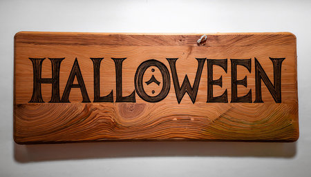 A wooden sign with the word Halloween written on it. The sign is carved and has a spooky, eerie feel to itの素材
