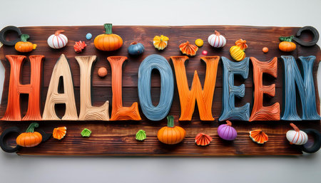 A wooden sign with the word Halloween written in orange, blue, and purple letters. The sign is decorated with various pumpkins and other Halloween-themed itemsの素材