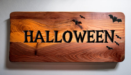 A wooden sign with the word Halloween written on it. The sign has a black and orange design with bats on itの素材