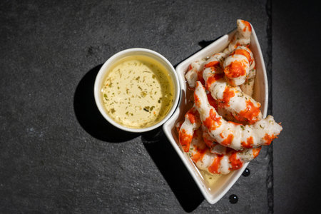 Next to it is a plate of Surimi in the form of shrimp on a black stone with a dipping sauce. The shrimp are arranged in a triangle shape and the sauce is in a small bowl. The concept of indulgence and pleasure, like shrimp. Surimi on a black background.の写真素材