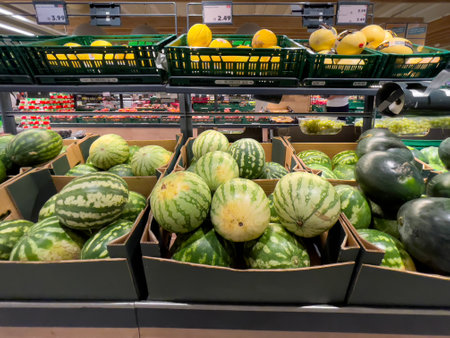 Germany Berlin August 31, 2024. A display of watermelons in a grocery store. The watermelons are green and yellowのeditorial素材